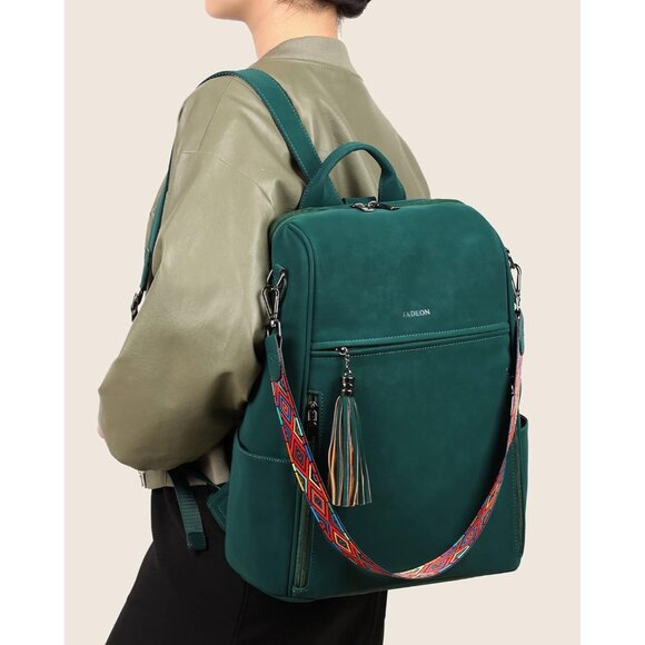 Women's Dark Green Suede Style Backpack Designer 15.6 inch PU Leather Laptop Bag - Picture 7 of 9